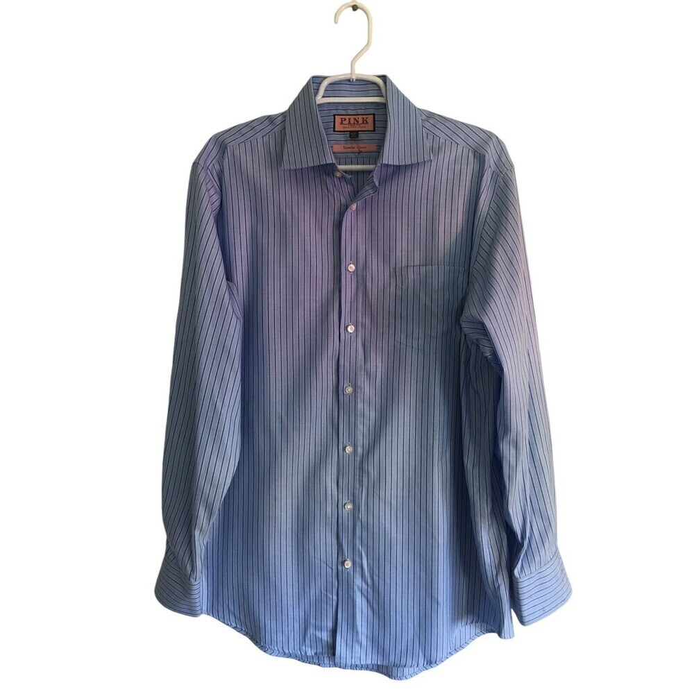 Thomas Pink Dress Shirt Men's Size 16 - 34.5 Blue Plaid Traveller Classic